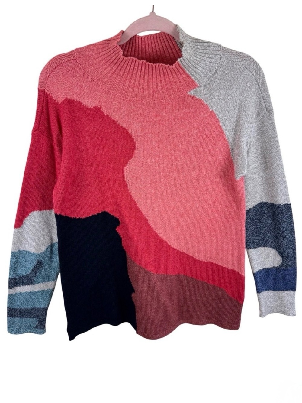NIC+ZOE Womens Small Pink Red Abstract Colorblock Mock Neck Sweater S